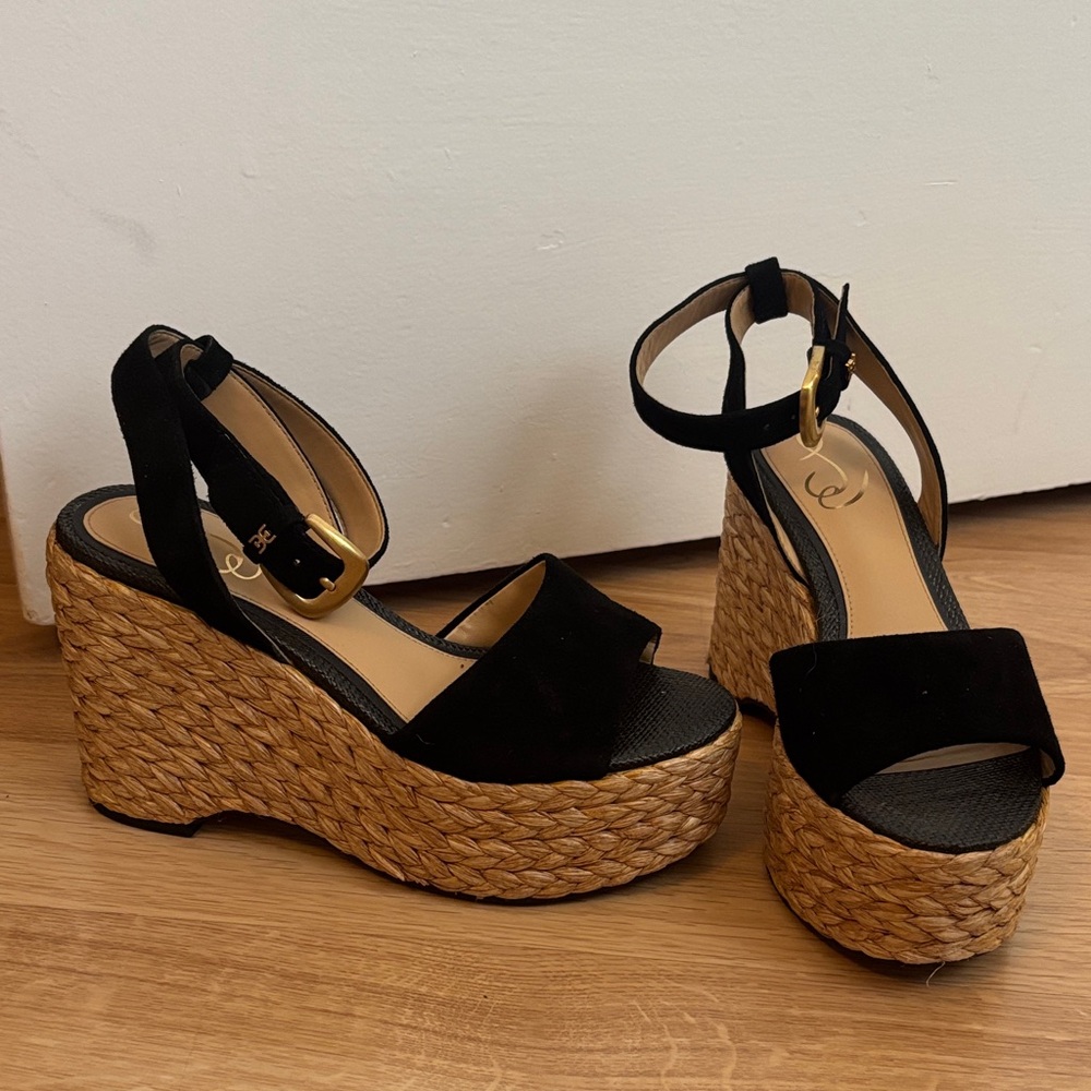 Sam Edelman Black and Tan Wedge Sandals